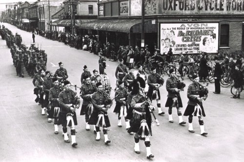 Pipe Band in 1942 piping the troops off to war