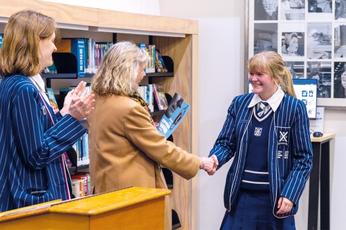 Isobel Forsey (Year 12), who also won the Overall Best Speaker award, being congratulated by Rector, Christine Leighton at the event.