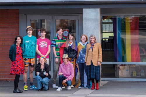 Rector, Christine Leighton (right), and Assistant Head of Secondary School (Academic), Helaina Coote (left), with students during Pride Week.