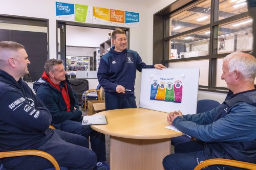 John Haggart (standing) going over the new sports framework with sports leaders (from left) Ben Eves, Rod McIntosh and Mike Johnston.