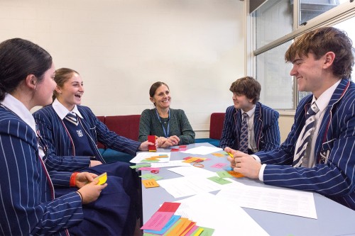 Head of Well-being, Kerry Larby, with Year 12 students, Savannah Caulfield, Abby Baxter, Noah Smith and William Carrodus.