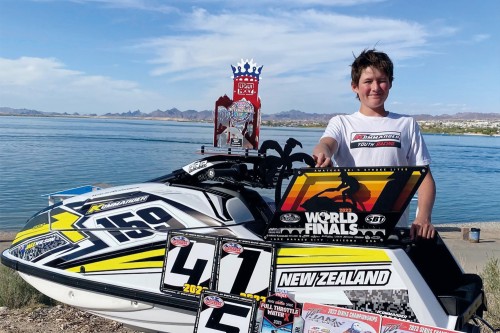 Jake Wilson (Year 10) with his award after winning the World Champion in the Amateur Ski 4 Stroke event at the Jet Ski World Finals.