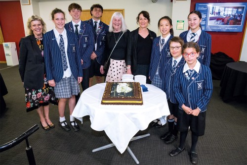 Kerrin Davidson with students and Rector, Christine Leighton, at her book launch for 'Hoof'.