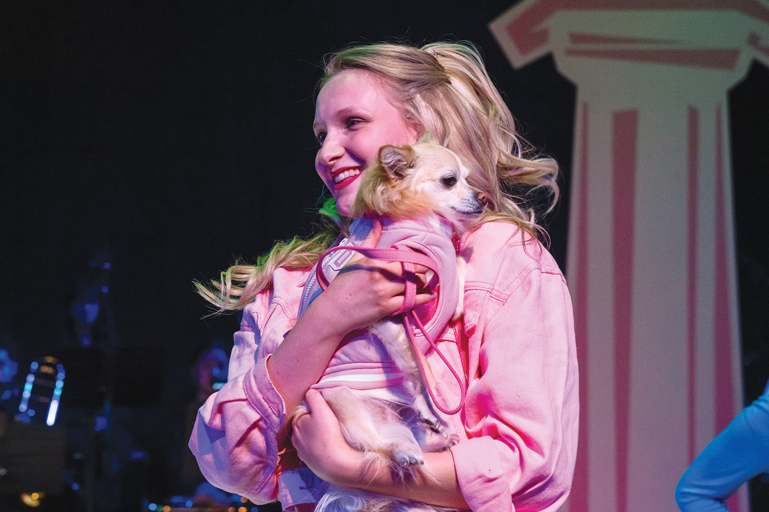 St Andrew's College student Xanthe Pearce and chihuahua at the 2024 Senior College production, Legally Blonde.