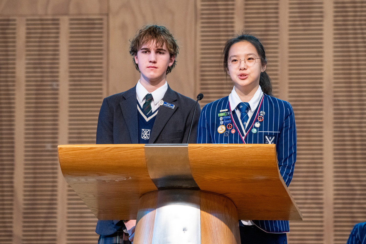 St Andrew's College students speaking at the 2026 Well-being Assembly