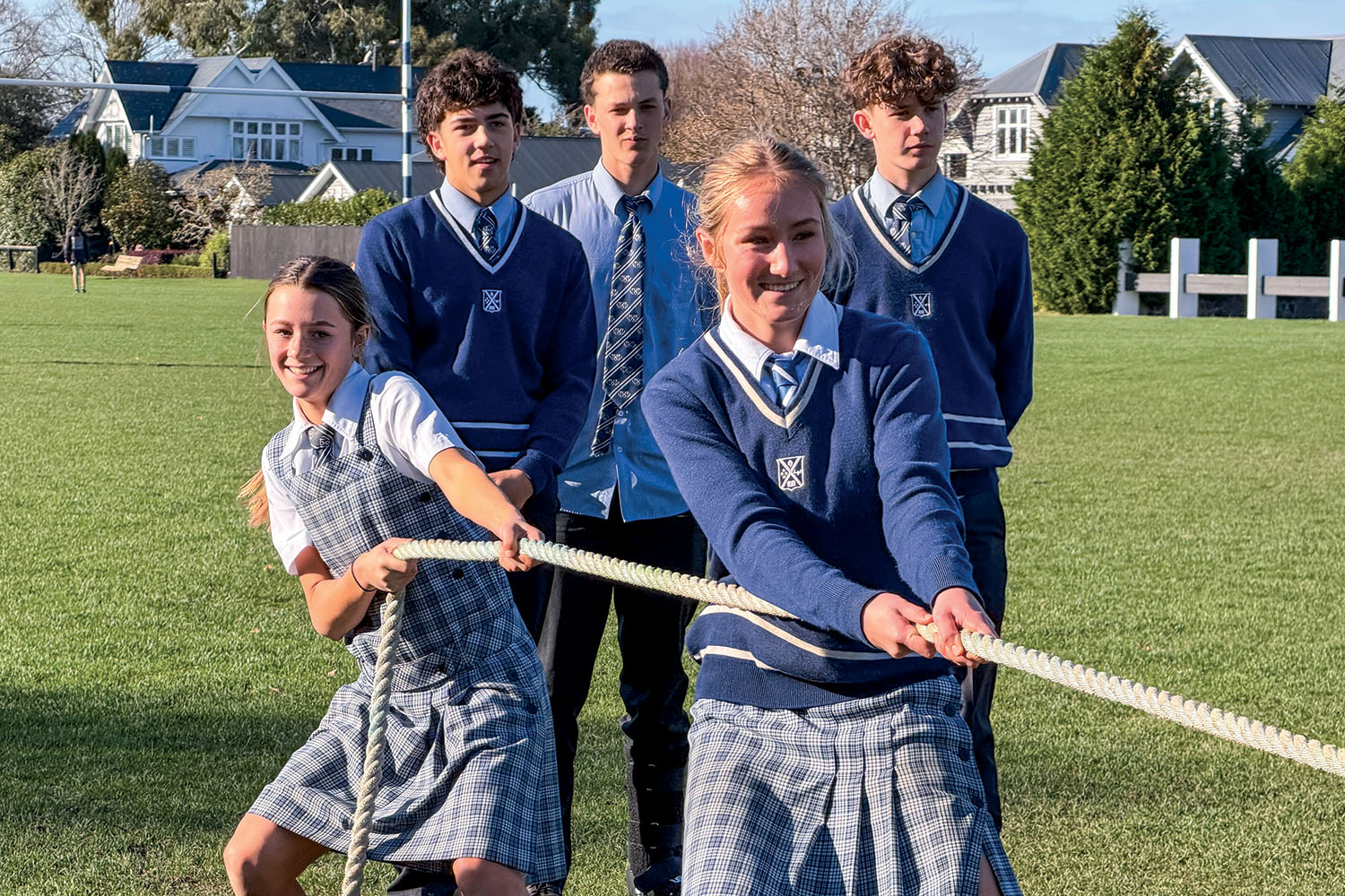 St Andrew's College students playing tug-of-war during Well-being Week.