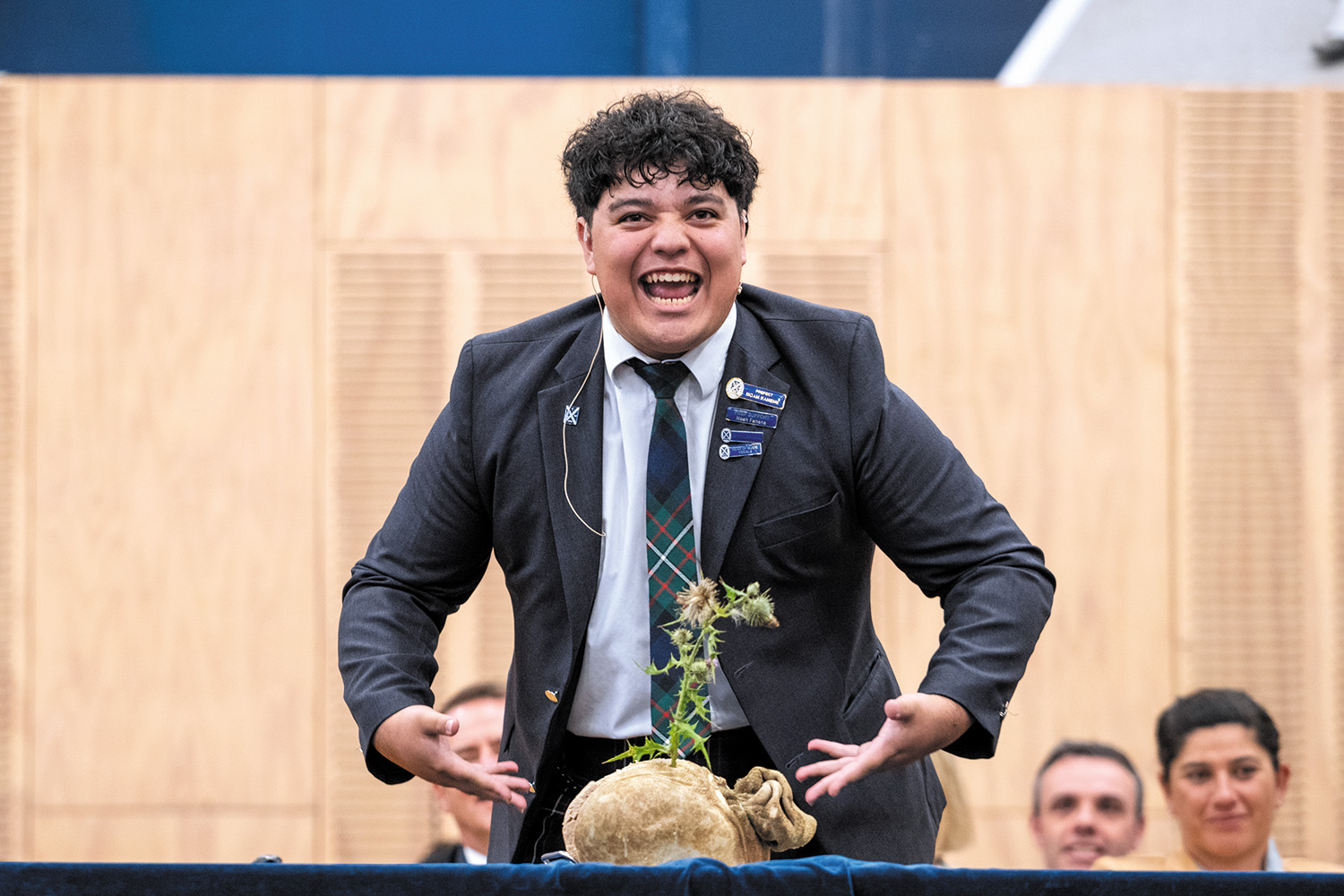 St Andrew's College student Noah Fanene performing Address to a Haggis during the Founders' Day Assembly.
