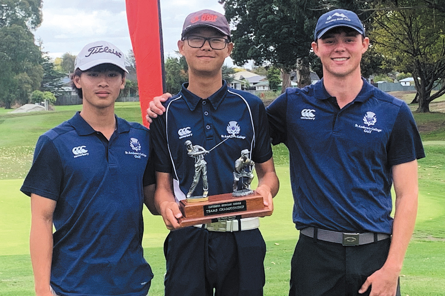 St Andrew's College students Ethan Lam, Yuhan (Uny) Shao and James Walker, who won the won the Canterbury Secondary Schools’ Golf Championships.