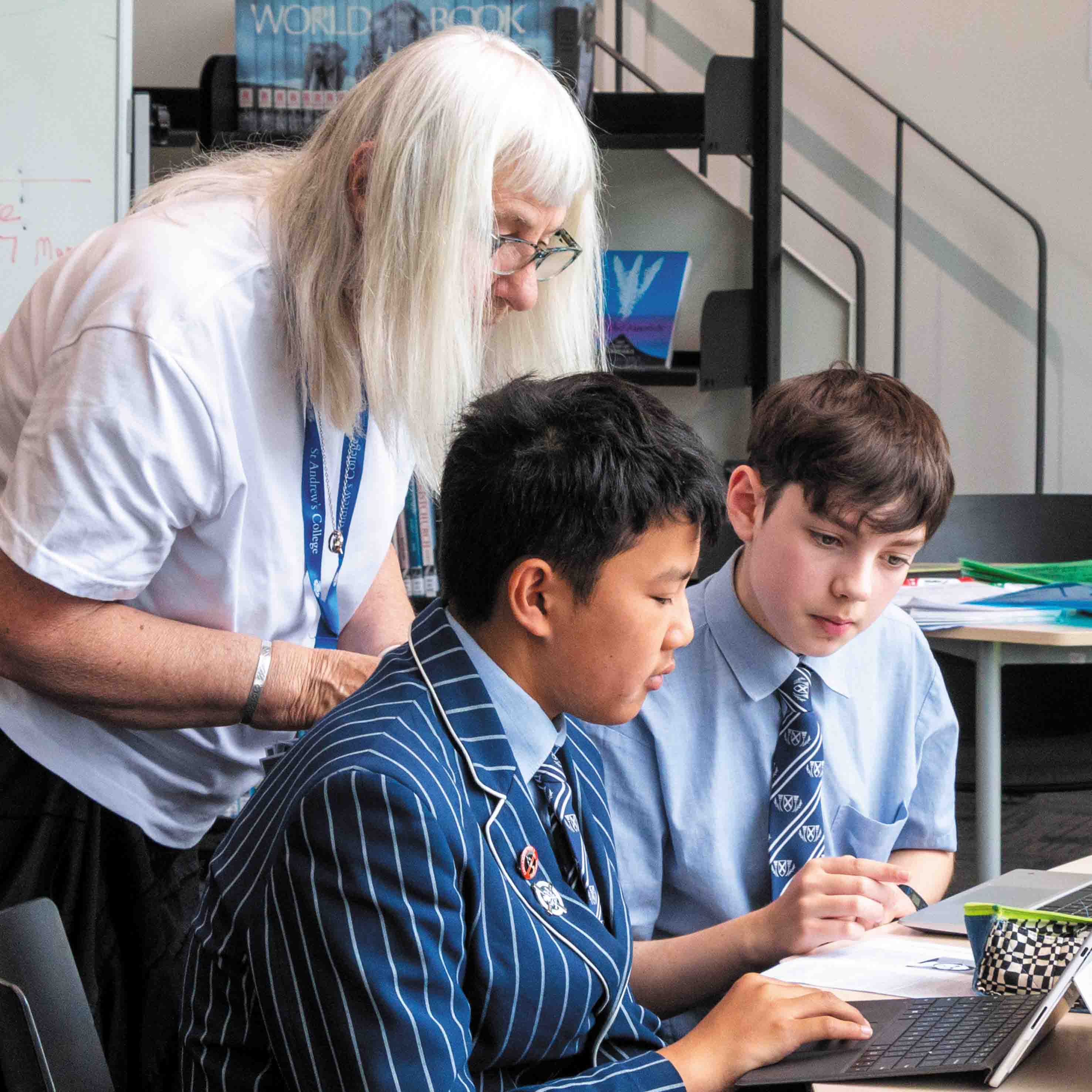 St Andrew's College students Anthony Song and Thomas Ambury during the Junior Creative Writing Workshop with Writer in Residence, Kerrin Davidson.