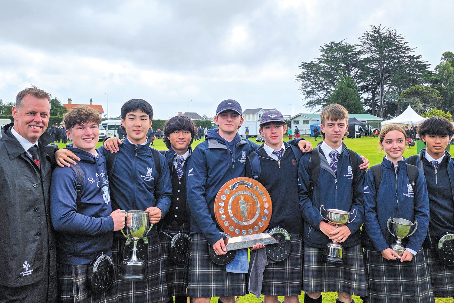 St Andrew's College Pipe Band at the 2025 New Zealand Pipe Band Championships.