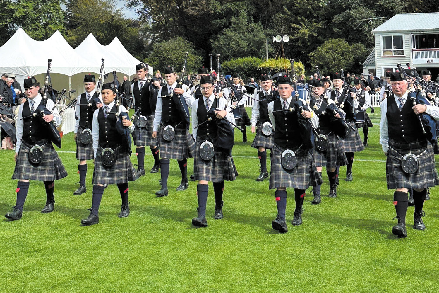 St Andrew's College Pipe Band at the 2025 New Zealand Pipe Band Championships.