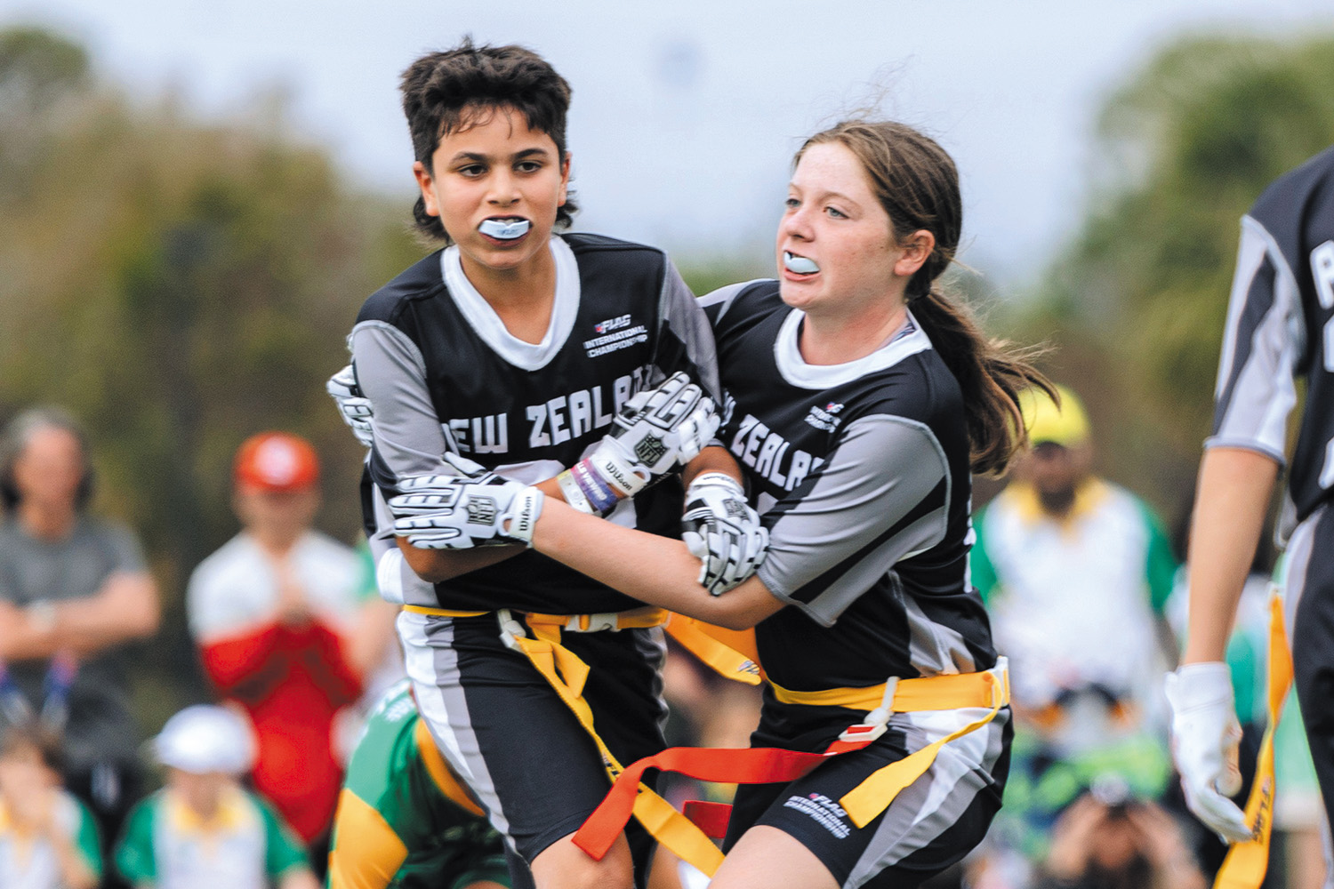 St Andrew's College students Jack Ellwood and Mila Rule in action during the Flag Football World Championship.