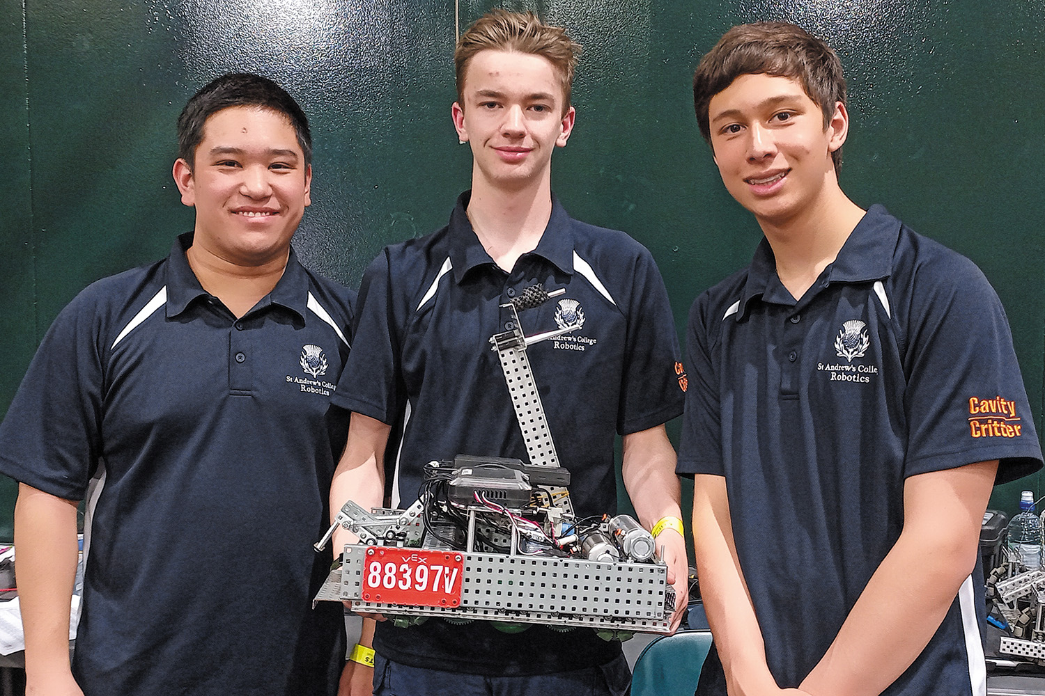 St Andrew's College students Edison Pang, Oliver Cooper and Aki Hansen at the VEX Robotics Kiwibots Nationals