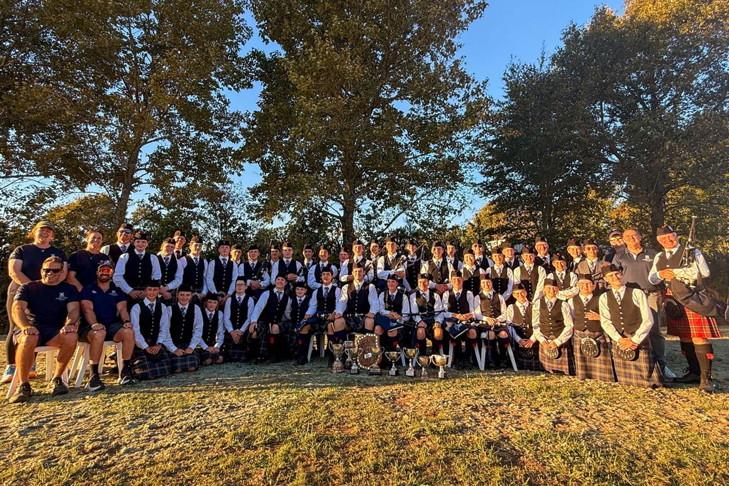 St Andrew's College Pipe Band after winning the 2026 New Zealand Pipe Band Championships.