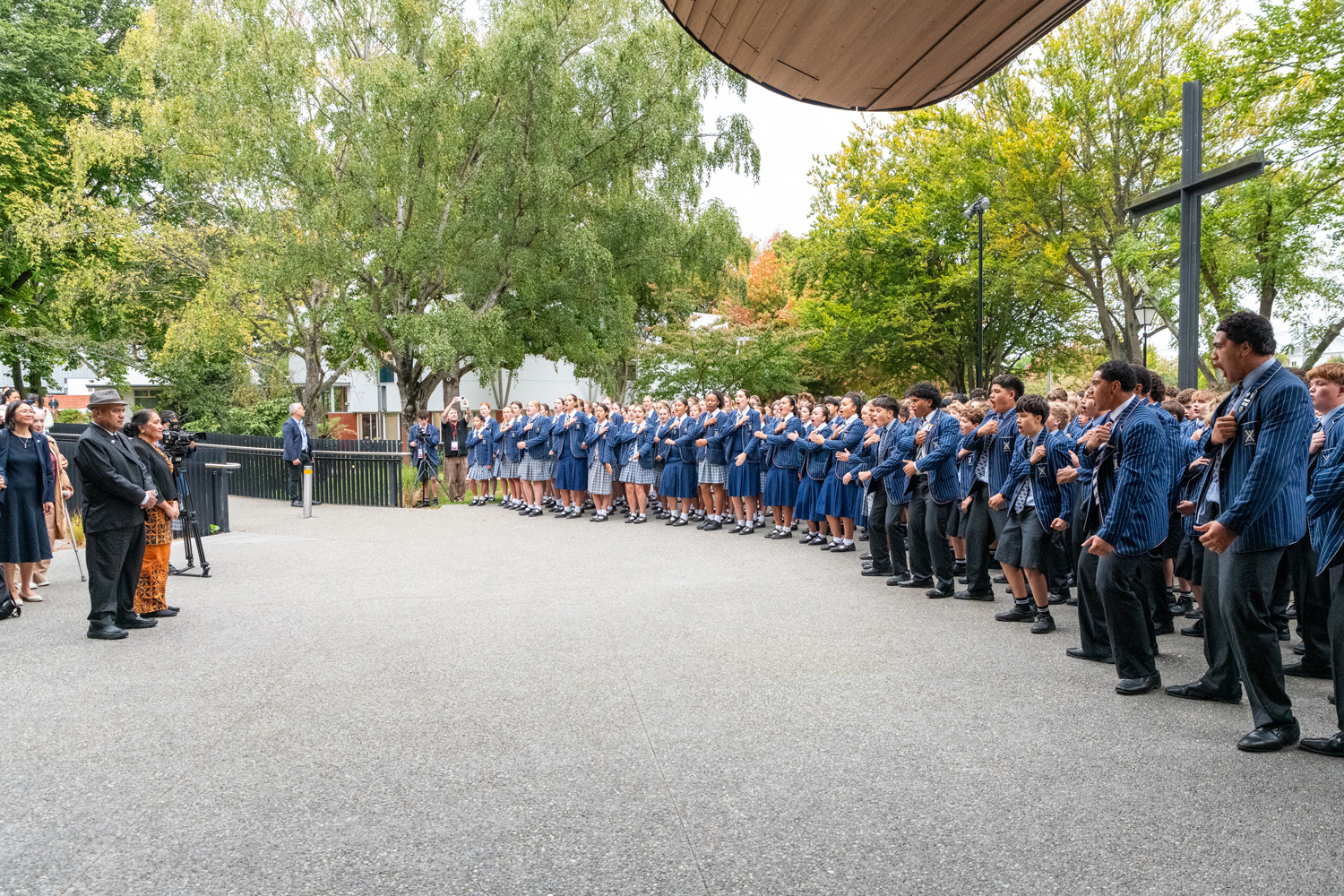 St Andrew's College students performing a haka in honour of The Honourable Feleti Teo OBE (OC 1982), Prime Minister of Tuvalu.