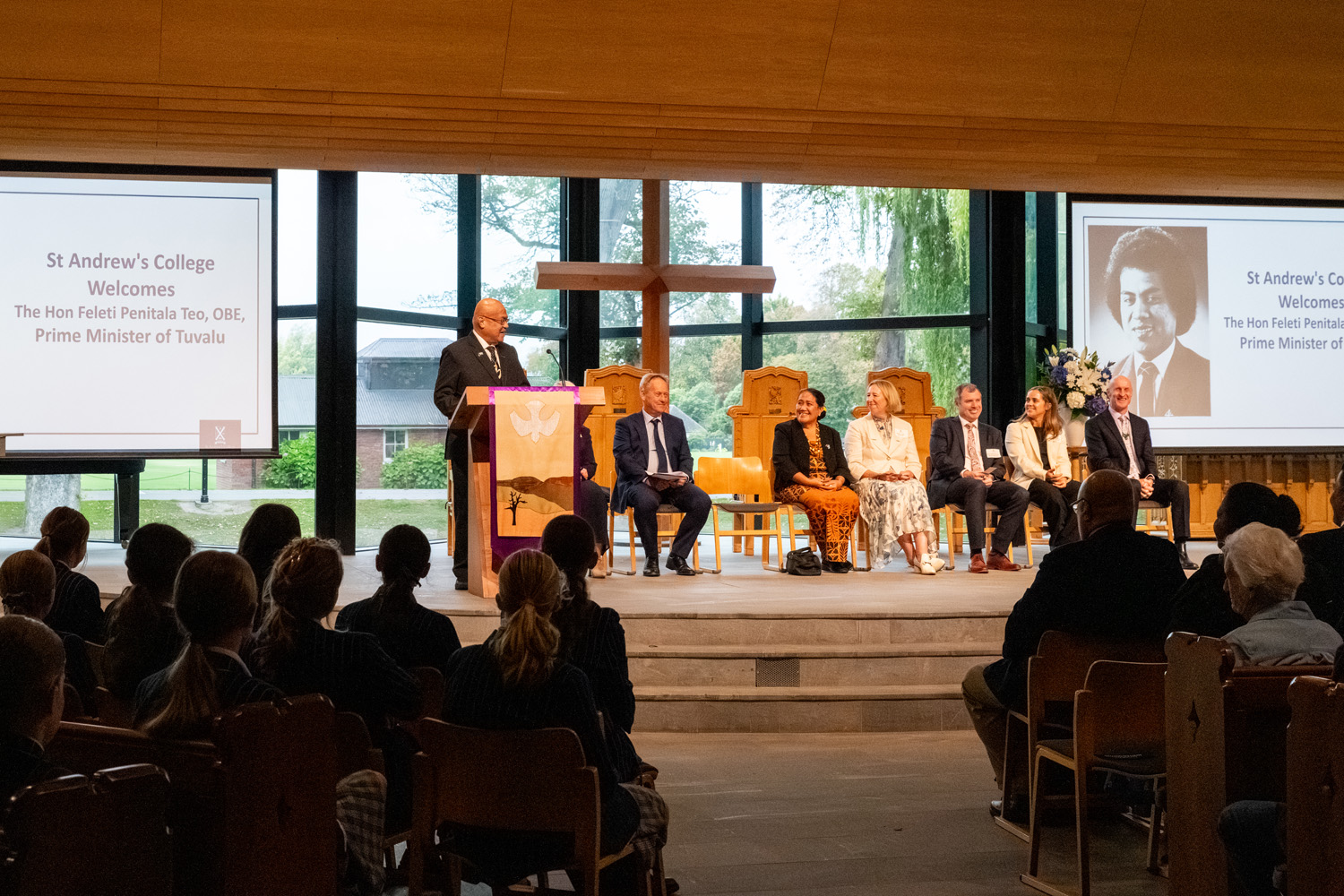 The Honourable Feleti Teo OBE (OC 1982), Prime Minister of Tuvalu, speaking at St Andrew's College Centennial Chapel.