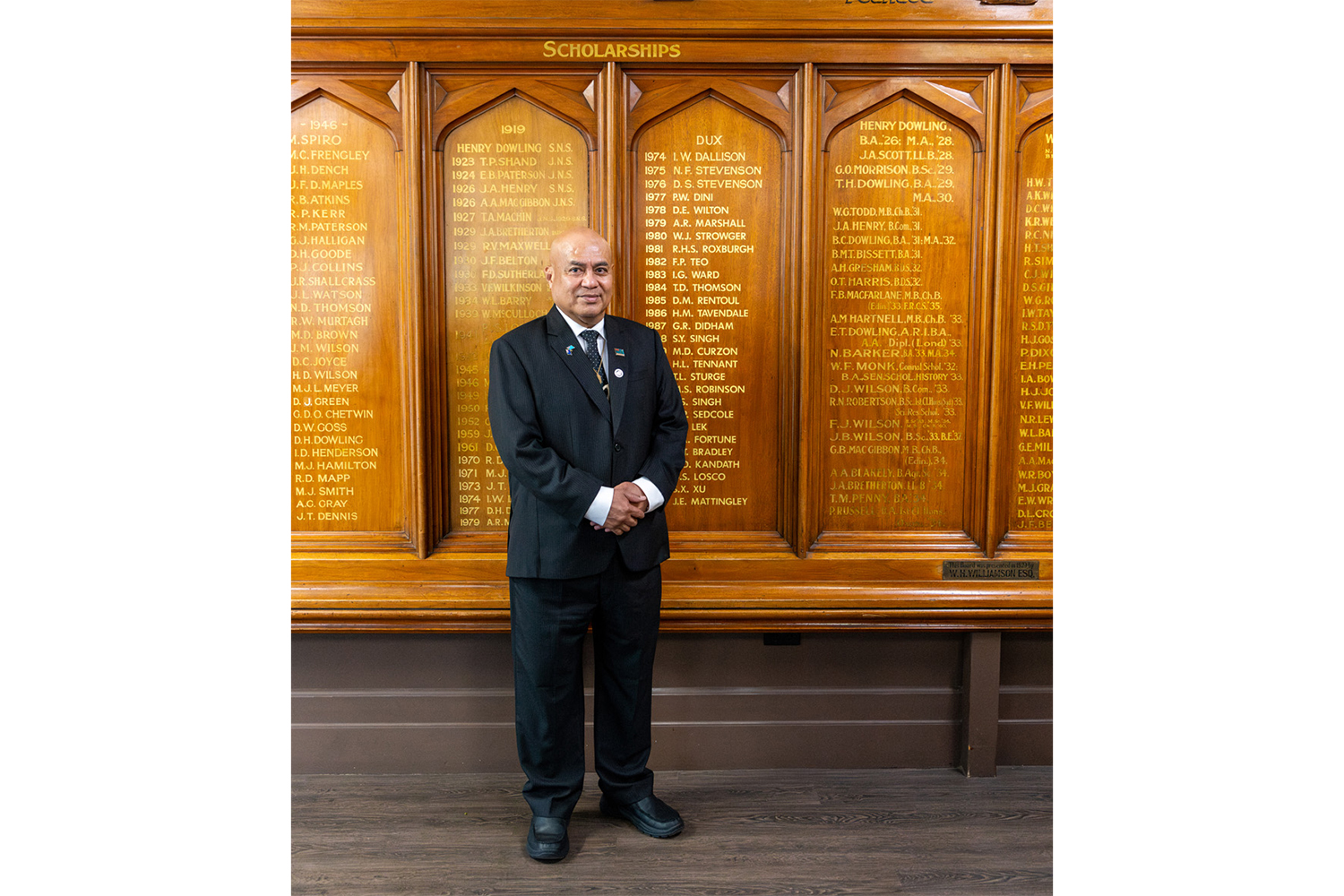The Honourable Feleti Teo OBE (OC 1982), Prime Minister of Tuvalu, next to his name on the Scholarships board at St Andrew's College.