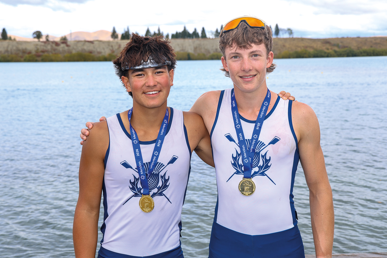 St Andrew's College students Noah Hunter and Hugo Millar-Bell with their gold medals at the South Island Secondary Schools&rsquo; Rowing Championships.