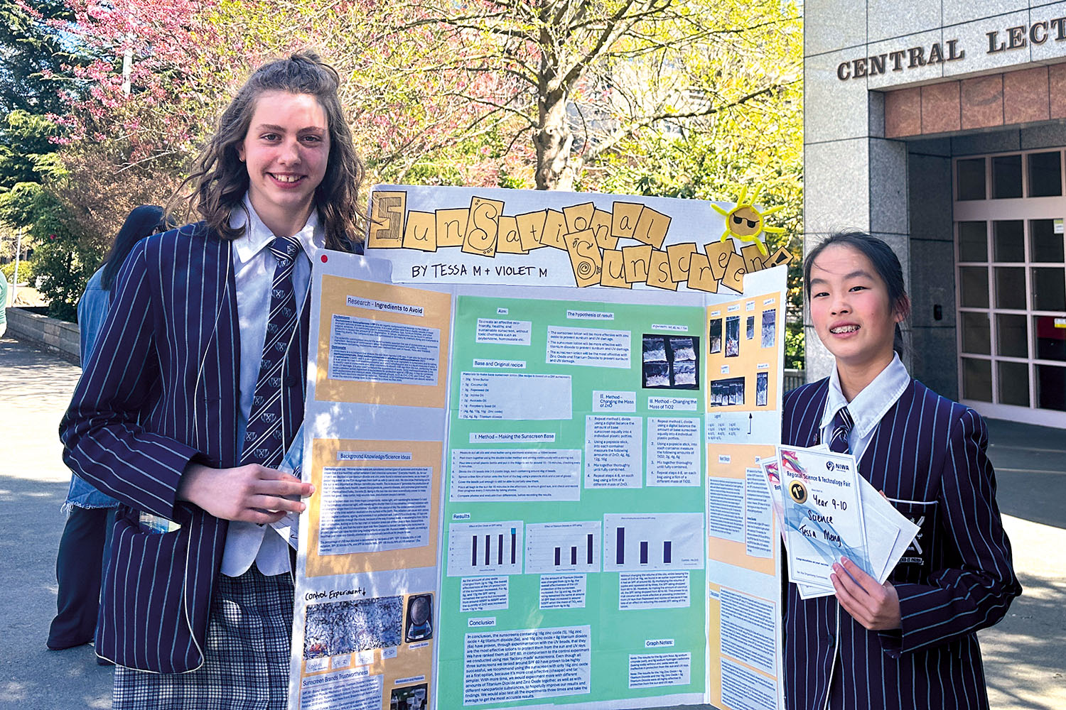 St Andrew's College students Violet McInnes and Keer (Tessa) Meng with their Science project at the Canterbury-Westland Science Fair.