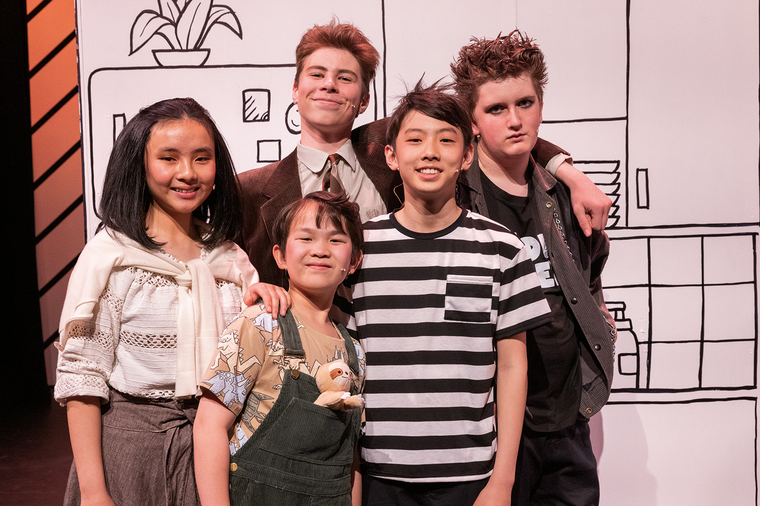 Five St Andrew's College students performing at 'Diary of a Wimpy Kid - The Musical'.