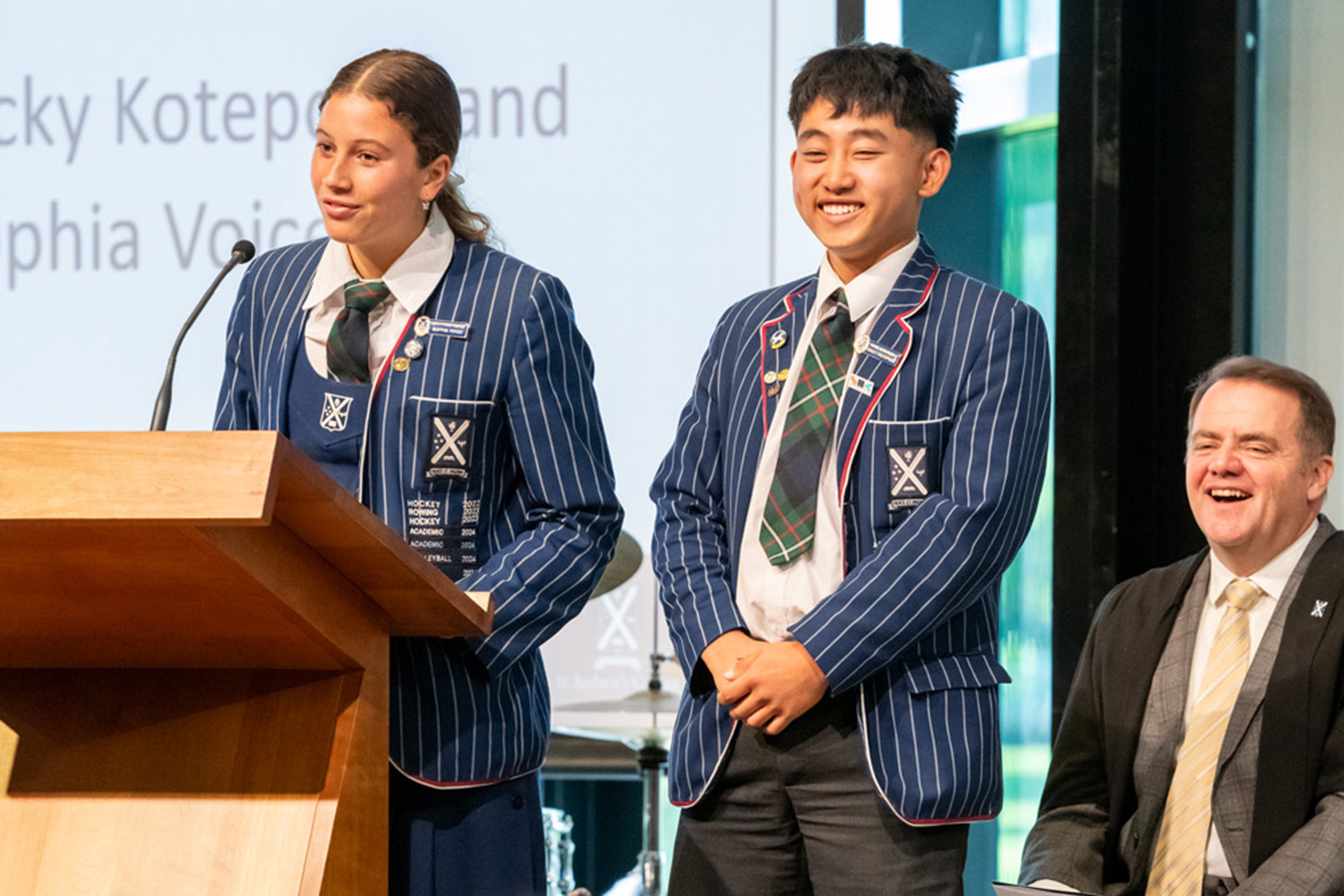 St Andrew's College students speaking at the 2025 Leavers' Assembly.