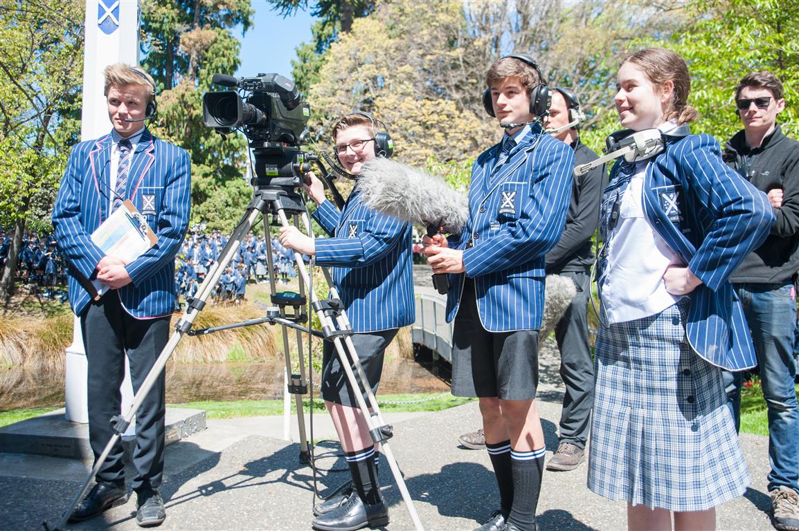 Group of Media students recording film and sound during the Centennial Chapel Dedication