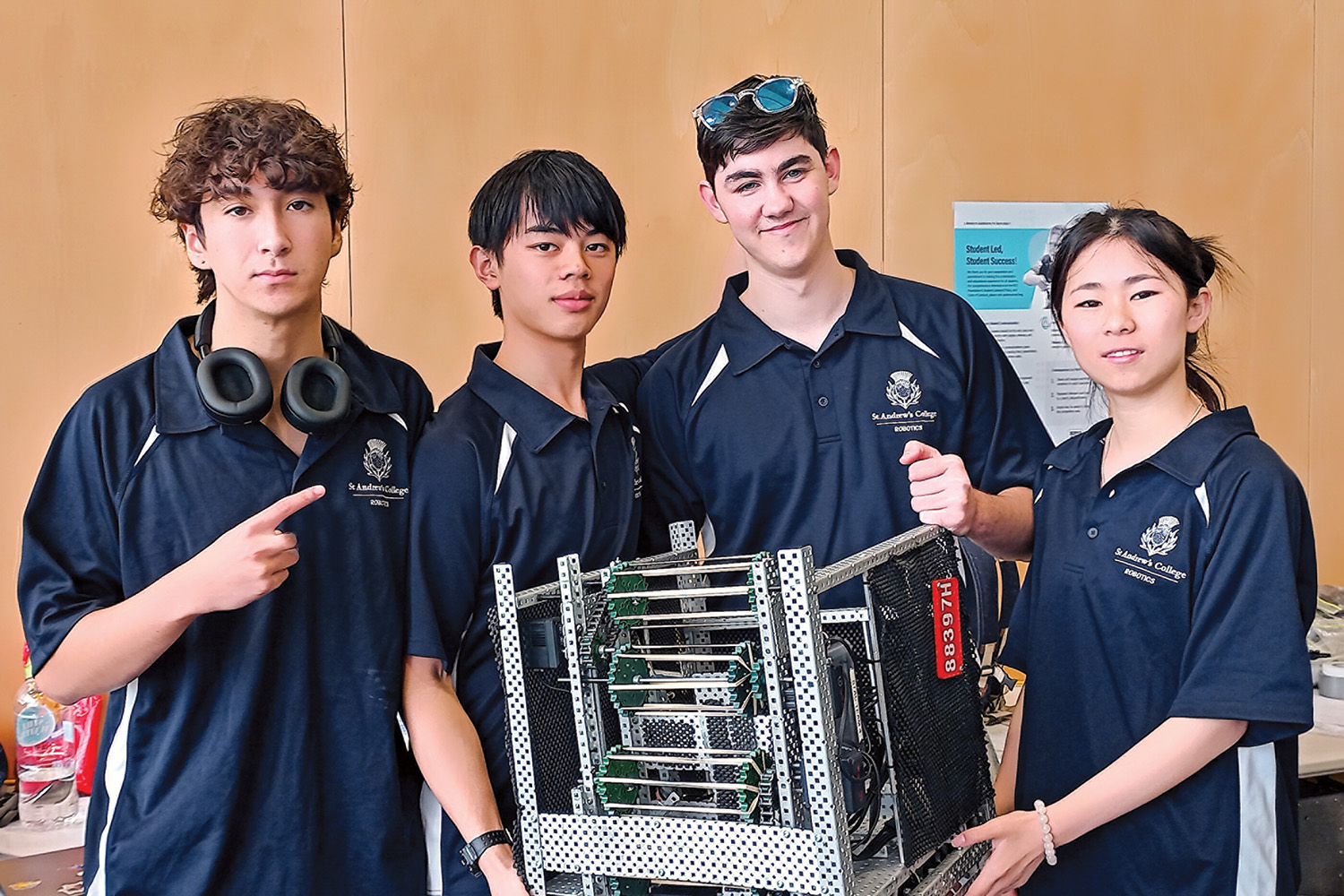 St Andrew's College students Angus Davidson, Ken Minh-Ky Pham, Mack Hooper and Daisy Huang at the the VEX Robotics National Championships