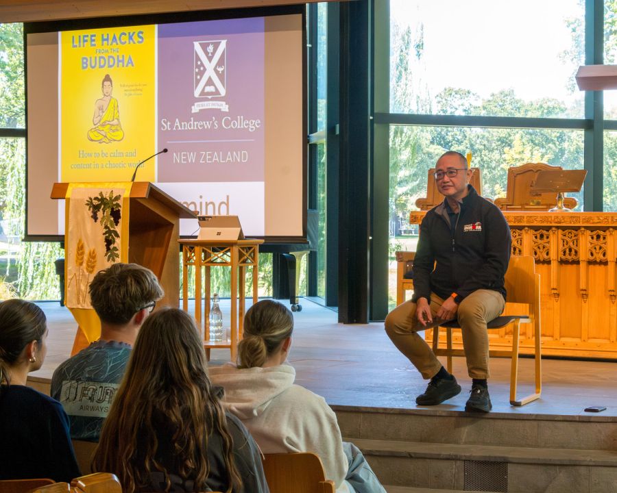 Dr Tony Fernando's speaking during his presentation at St Andrew's College for staff, students, and whānau, 'Mindful Parenting'.
