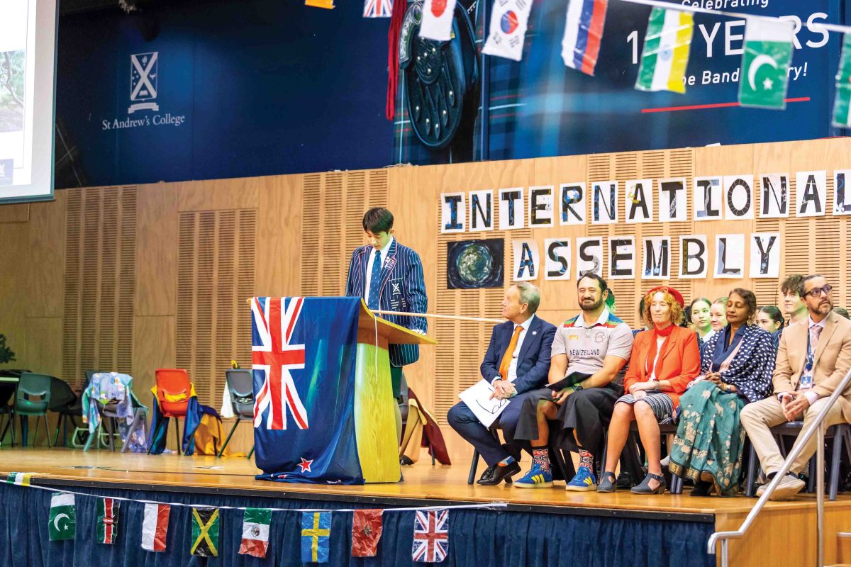 St Andrew's College International Students’ Leader, Louis Hu, at the 2026 International Assembly
