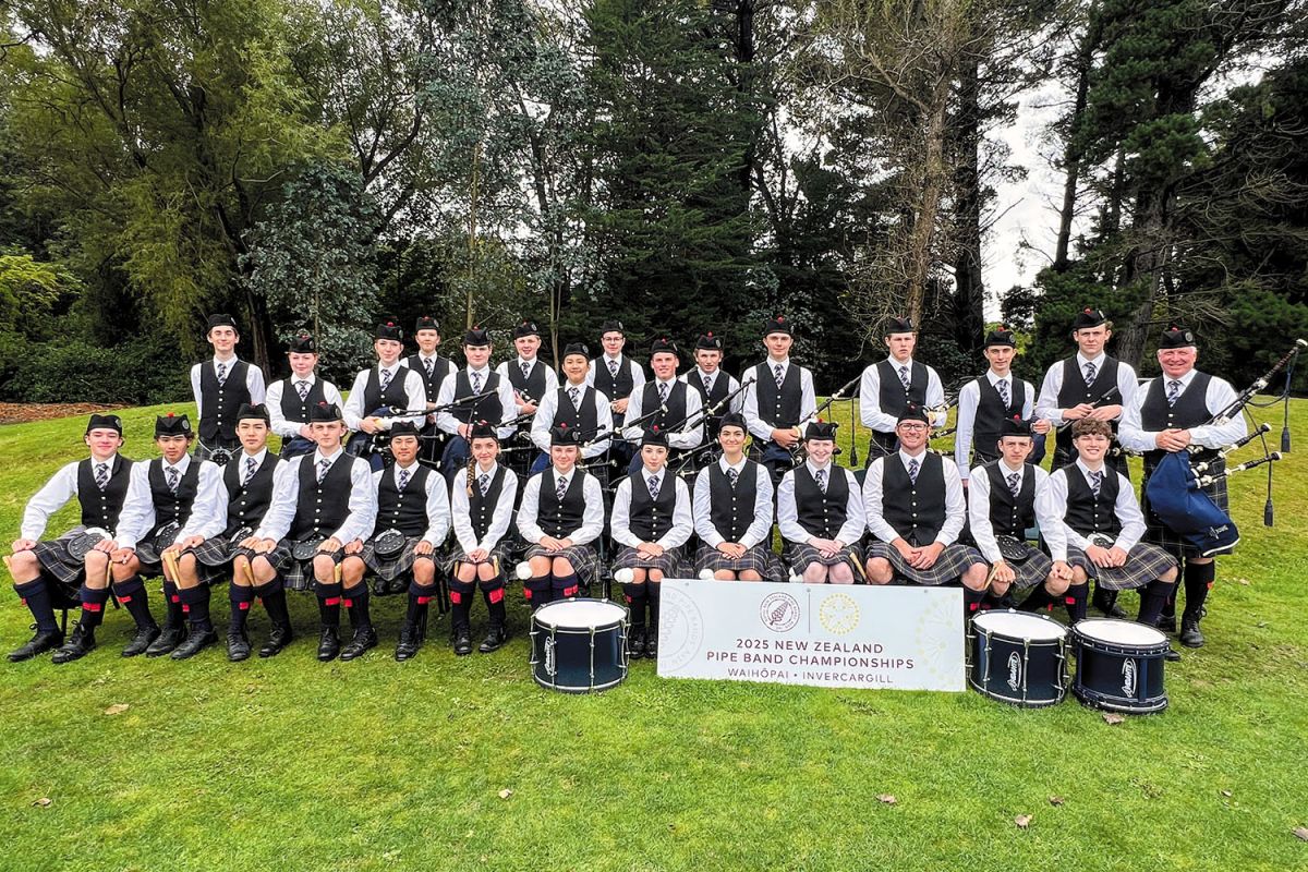 St Andrew's College Pipe Band at the 2025 New Zealand Pipe Band Championships.