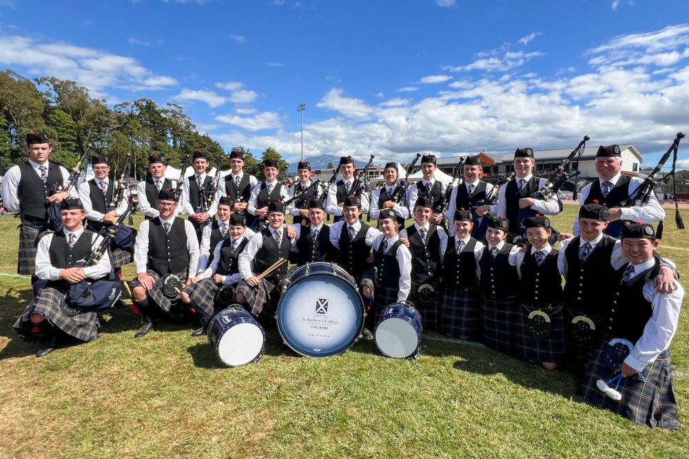 St Andrew's College Pipe Band at the 2026 New Zealand Pipe Band Championships.