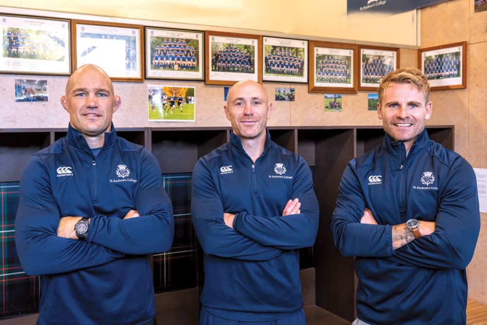New St Andrew's College rugby coaching line-up, Forwards Coach Owen Franks, Head of Rugby and 1st XV Head Coach Willi Heinz, and Assistant Coach Tony Fenner.