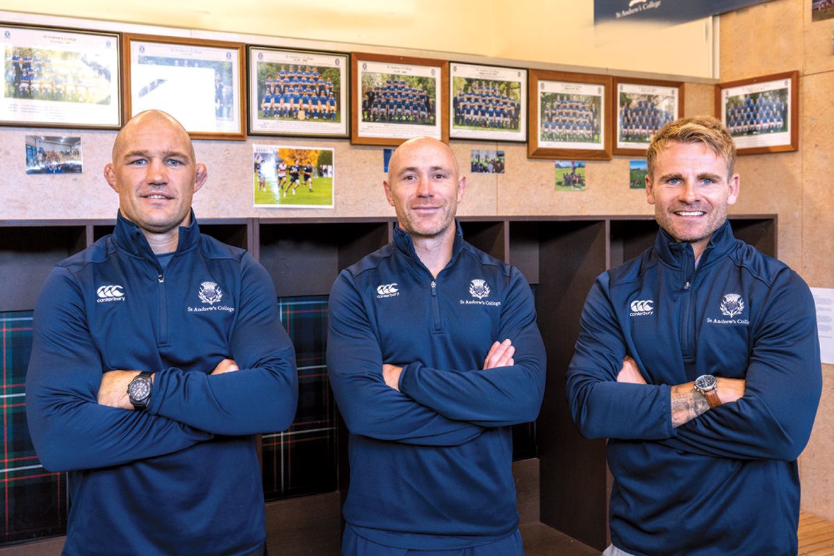 New St Andrew's College rugby coaching line-up, Forwards Coach Owen Franks, Head of Rugby and 1st XV Head Coach Willi Heinz, and Assistant Coach Tony Fenner.