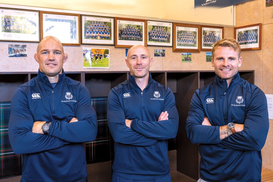 New St Andrew's College rugby coaching line-up, Forwards Coach Owen Franks, Head of Rugby and 1st XV Head Coach Willi Heinz, and Assistant Coach Tony Fenner.