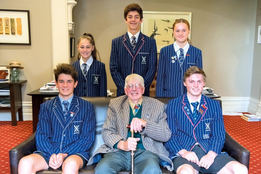 George Hight, pictured in 2018 at a special morning tea with five St Andrew's College recipients of the George Feilding Hight Scholarship: Grace Richan, Benjamin MacLeod, Isla Lewis, Graeme Campbell, and George Gray.