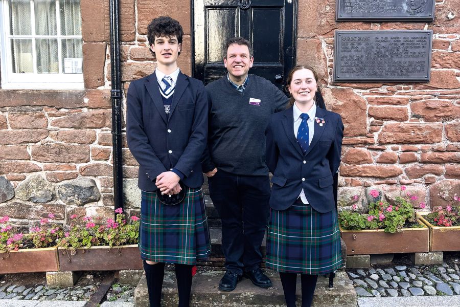 St Andrew's College 2024 Robert Burns Scholars, Jake Elvidge and Olivia Bloom, Tom Hughes from the Robert Burns Centre, in Scotland.