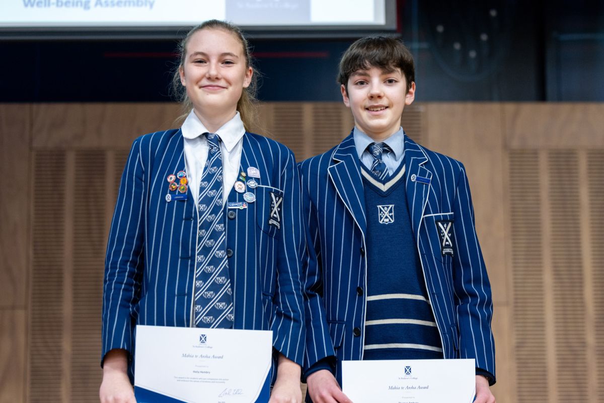 St Andrew's College students receiving the Mahia te Aroha Character Awards during Well-being Assembly 2025.