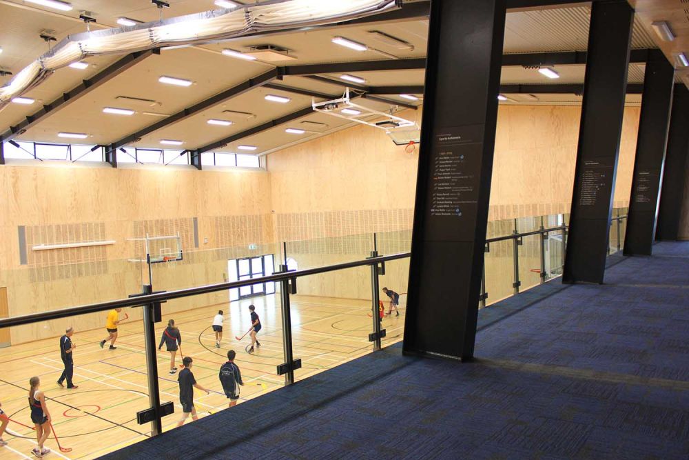 Gym 2 court looking down from viewing gallery