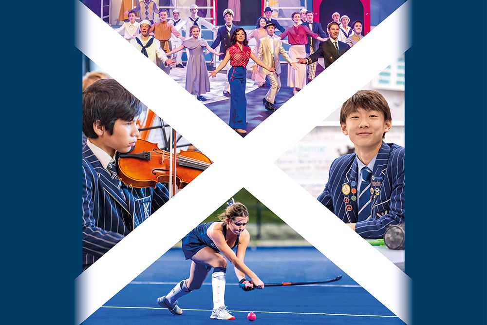Students in the classroom, on the stage, playing hockey and playing violin with a white saltire cross