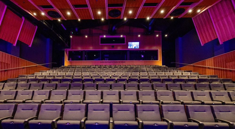 Interior close up of Gough Family Theatre seats and AV room