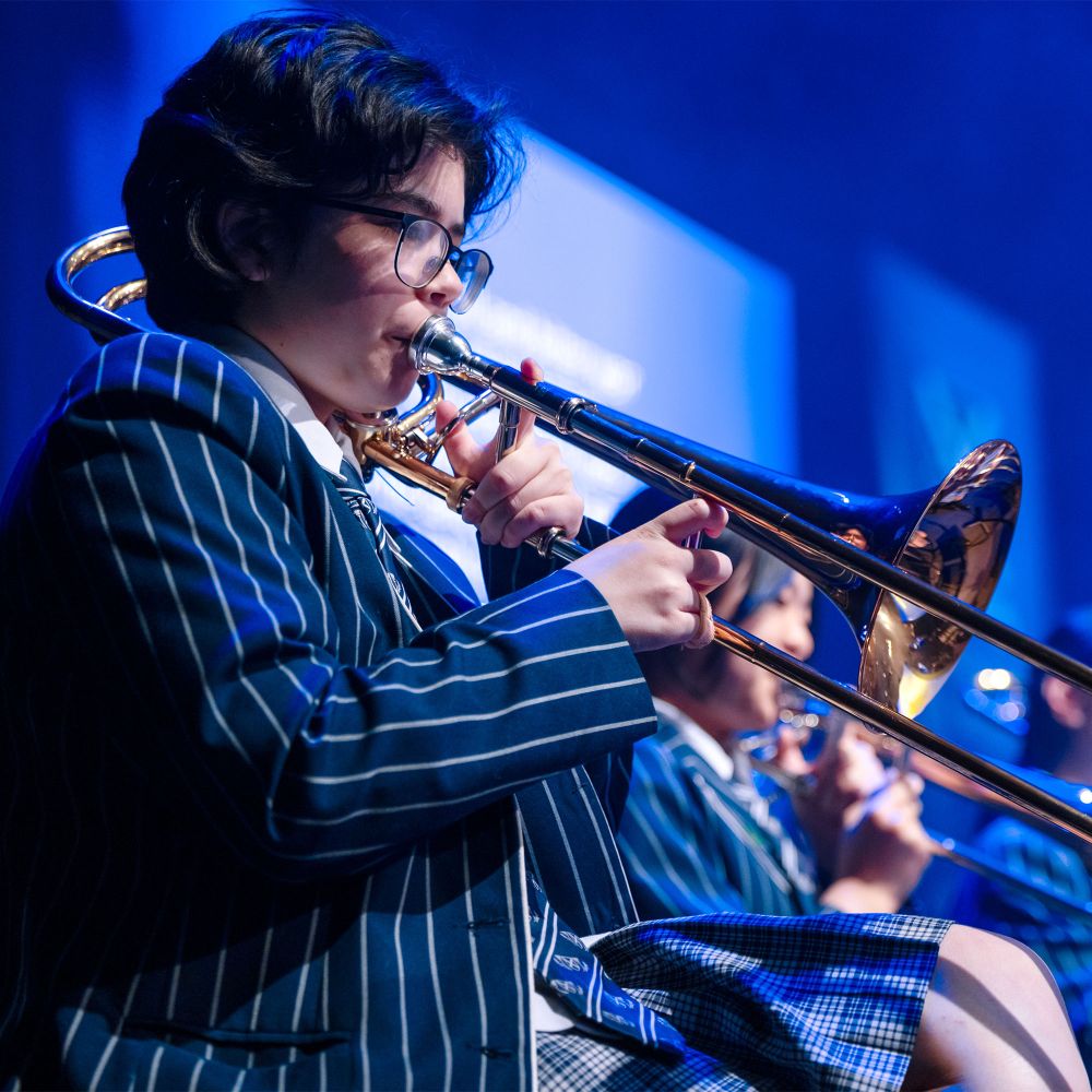 Close up of a trombone player at Prizegiving