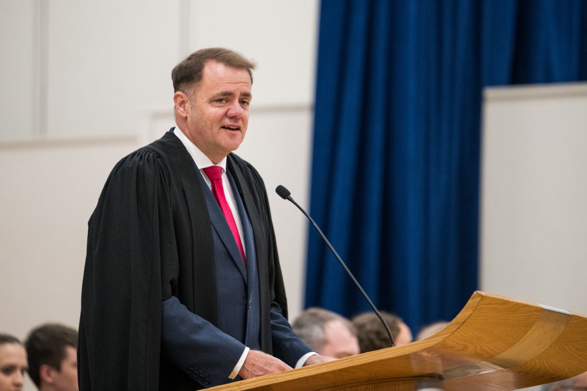 St Andrew's College Rector, Mark Wilson speaking at the 2025 Academic Assembly.