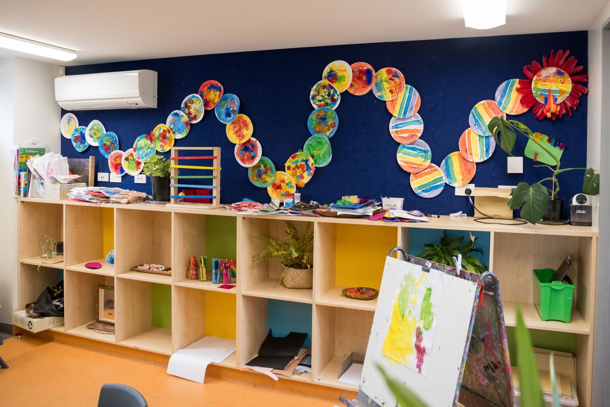Pre-school art and cubbies.