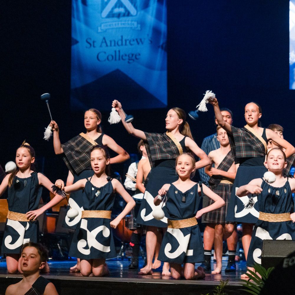 St Andrew's College Preparatory School students in traditional dress doing a kapa haka performance at Prizegiving