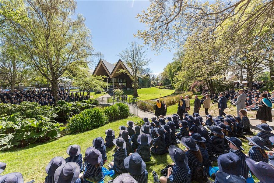 students gathering outside of the centennial chapel