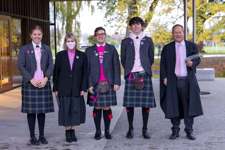 students with Christine Leighton supporting pink shirt day