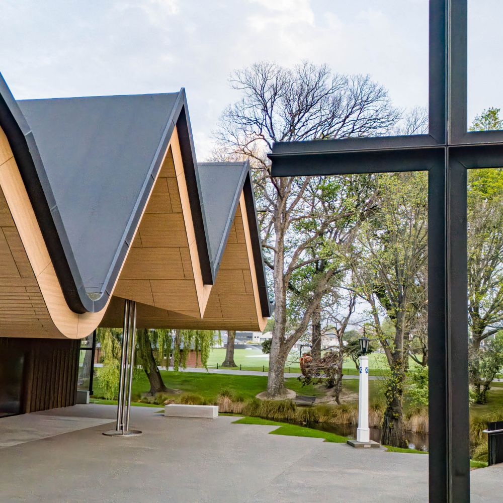 St Andrew's College Centennial Chapel entrance with large metal cross