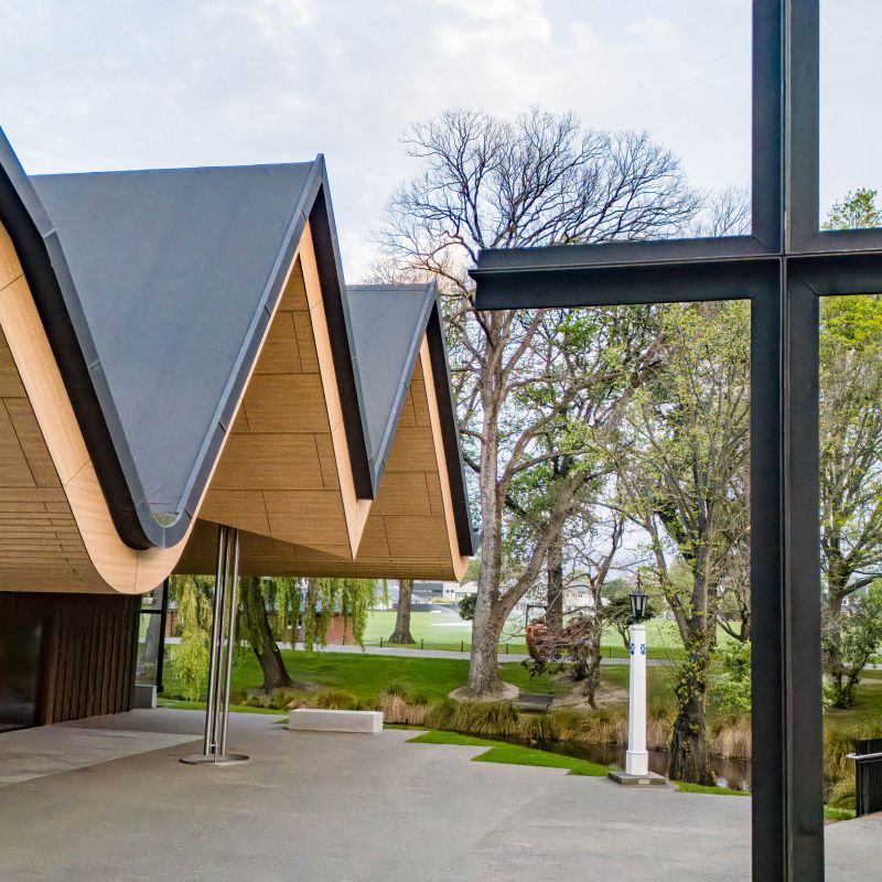 St Andrew's College Centennial Chapel entrance with large metal cross